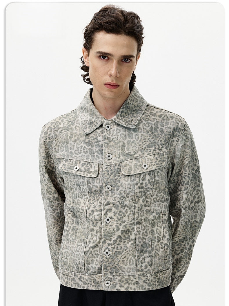 Retro Leopard Short And Wide Silhouette Lapel Denim Jacket