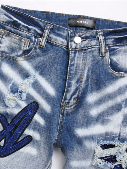 Punk Blue Heavy Craftsmanship Slim Stretch Ripped Patch Skinny Jeans