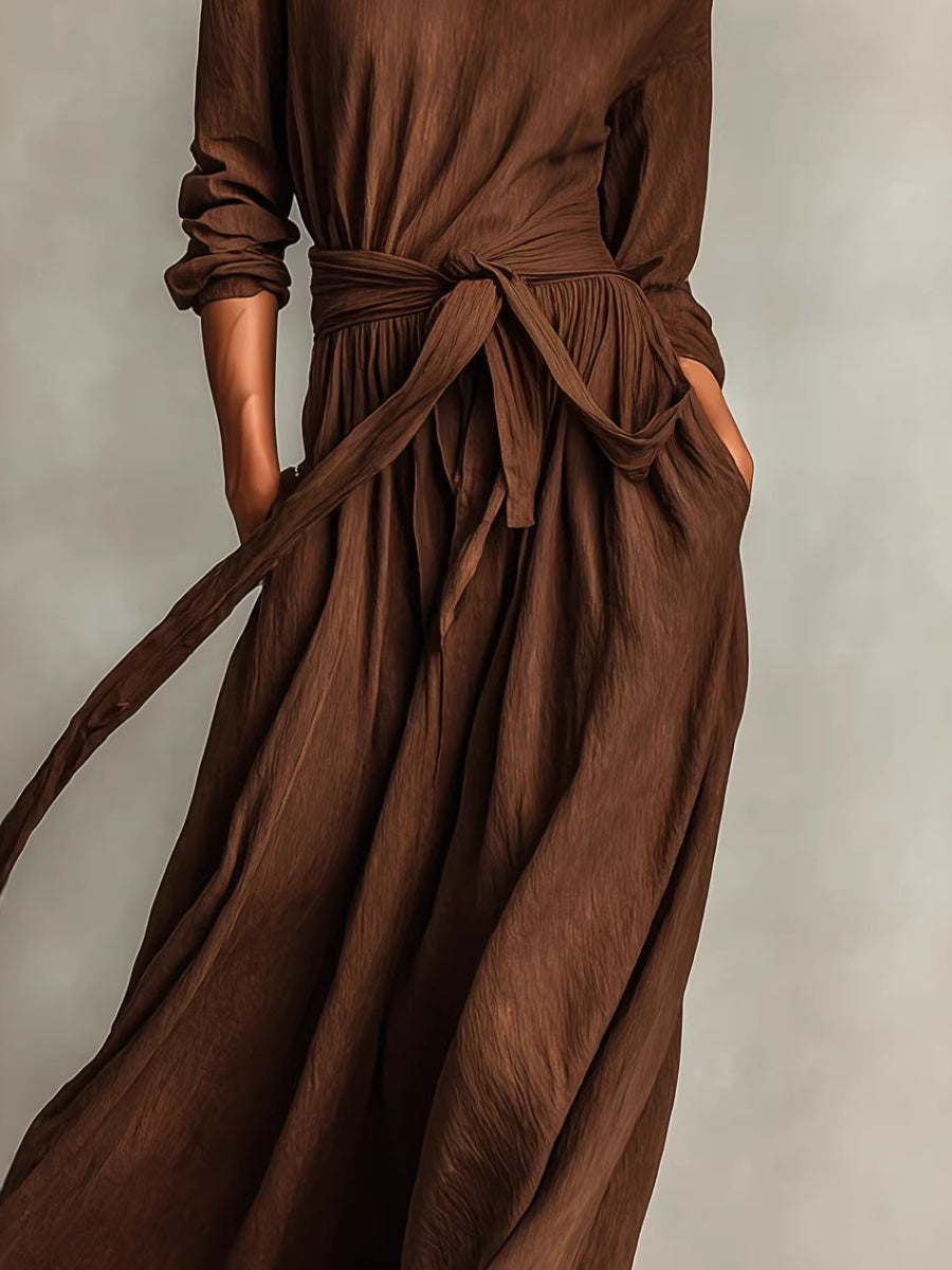 Elegant Brown Woven Long-sleeved Round Neck Long Dress