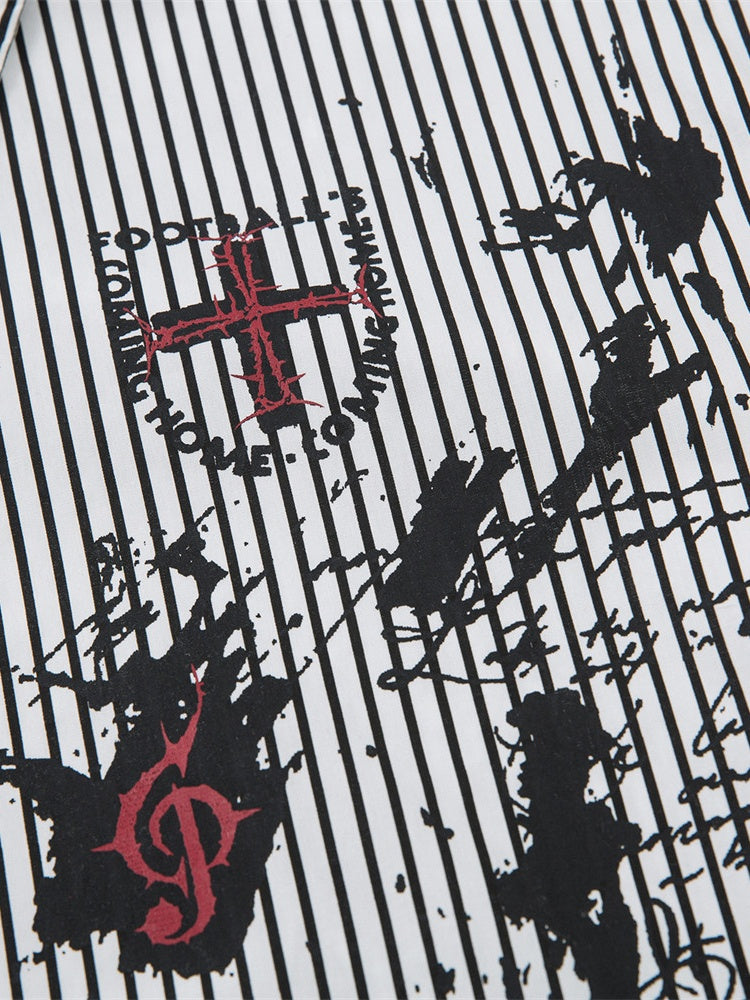 Fake Two Pieces Vertical Stripe Dark Graffiti Ink Prints Paneled Long-sleeved Shirt