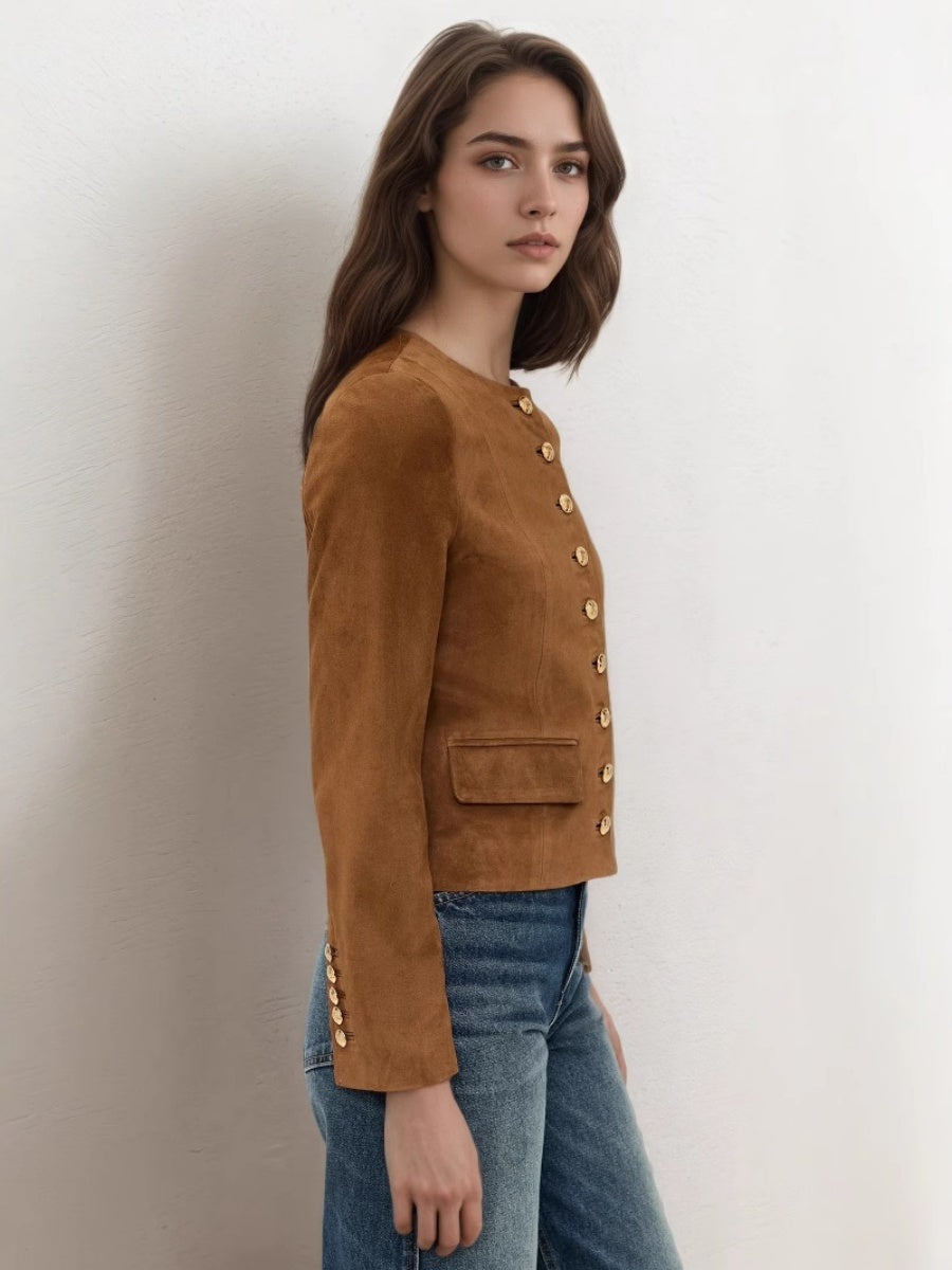 Liber Autumn women's suede metal embellishment round neck jacket