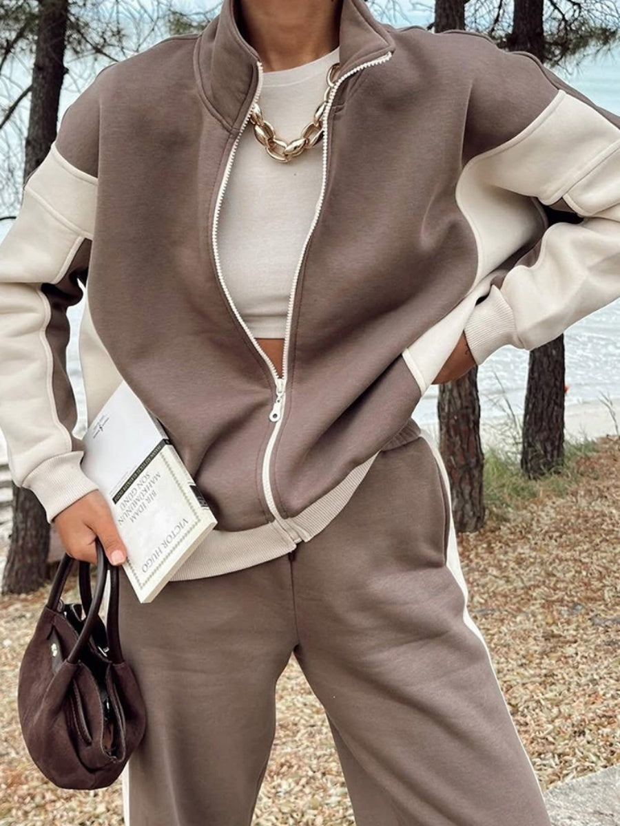 Jackets Casual Trousers Set Retro Contrasting Colors Long Sleeve Zipper Coat Two-piece Trouser Set