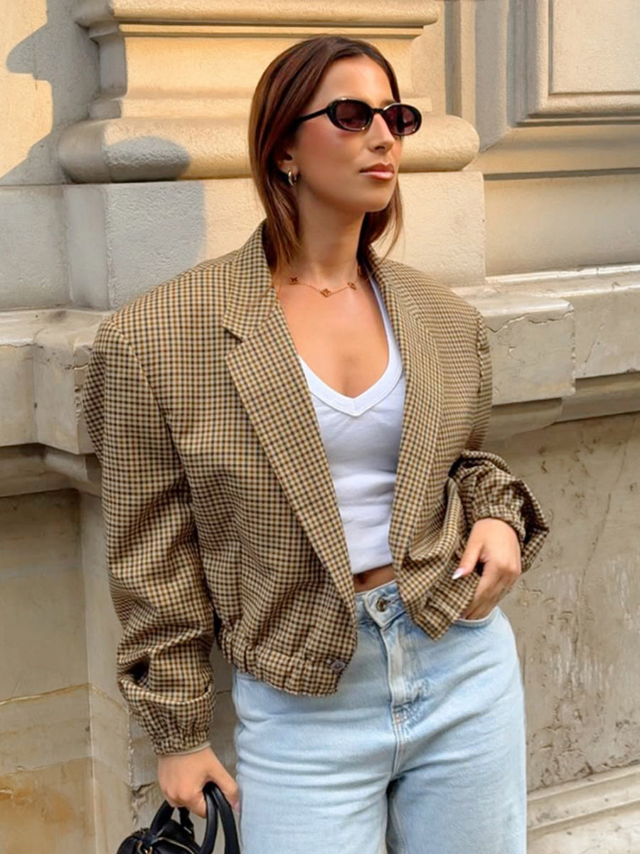 Short Shoulder Pad Suit Jacket Plaid Jacket