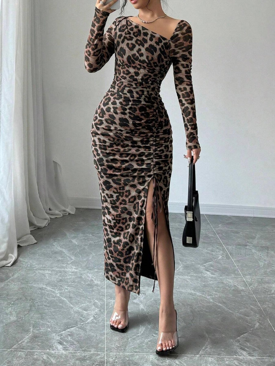Long-sleeved, Slim-fit Leopard Print Drawstring Bodycon Top Mini&Short Dresses
