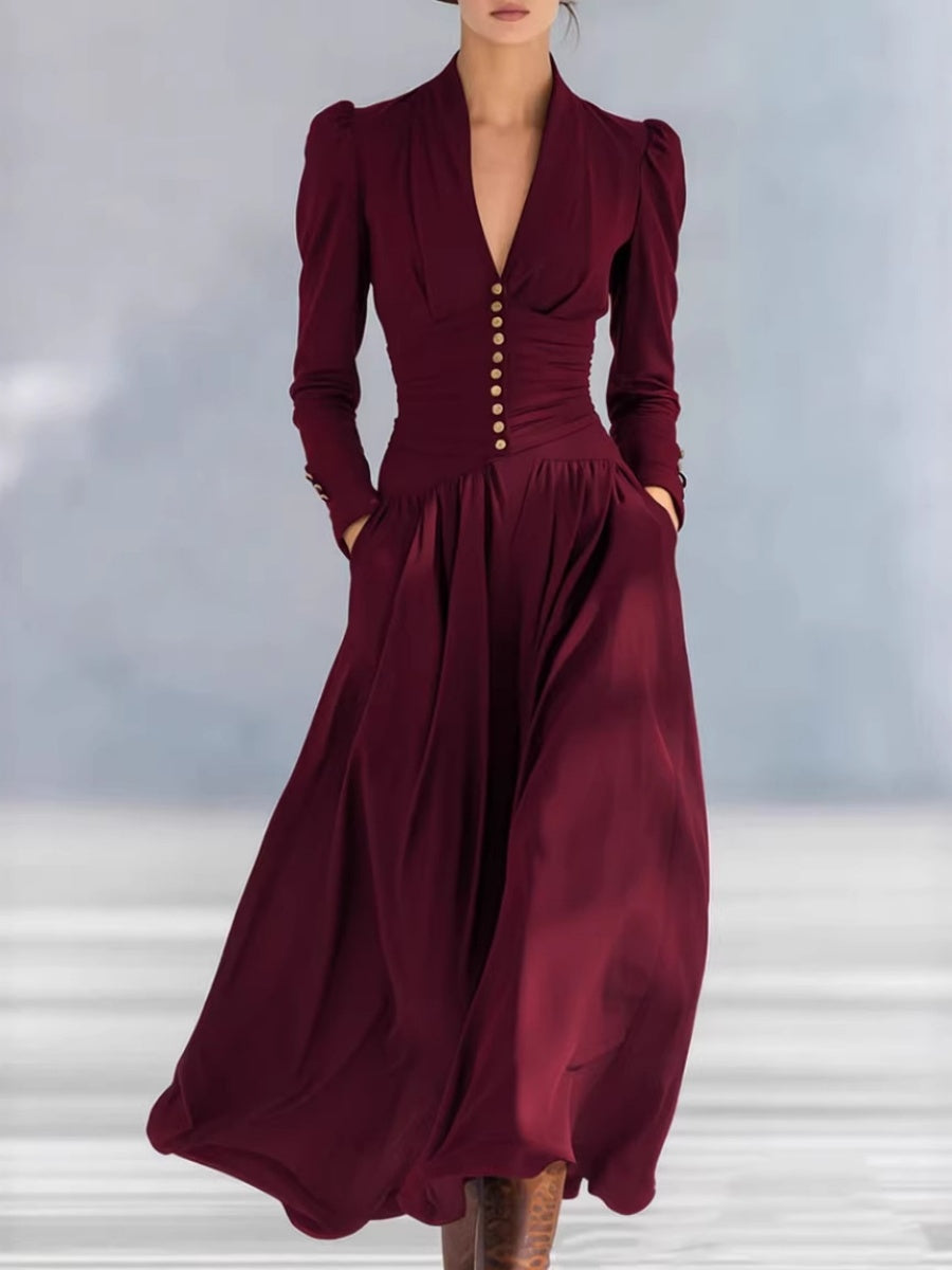 V-neck Puff Sleeve Long-sleeved Midi Dress