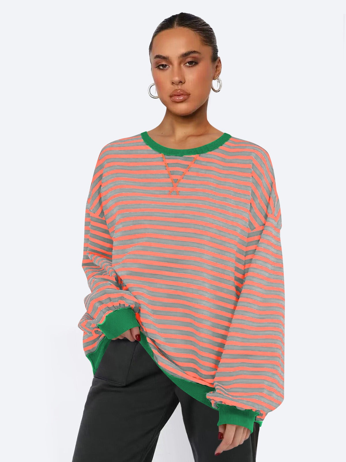 Women's Autumn/Winter Striped Color-Blocked Oversized Long-Sleeved Sweatshirt