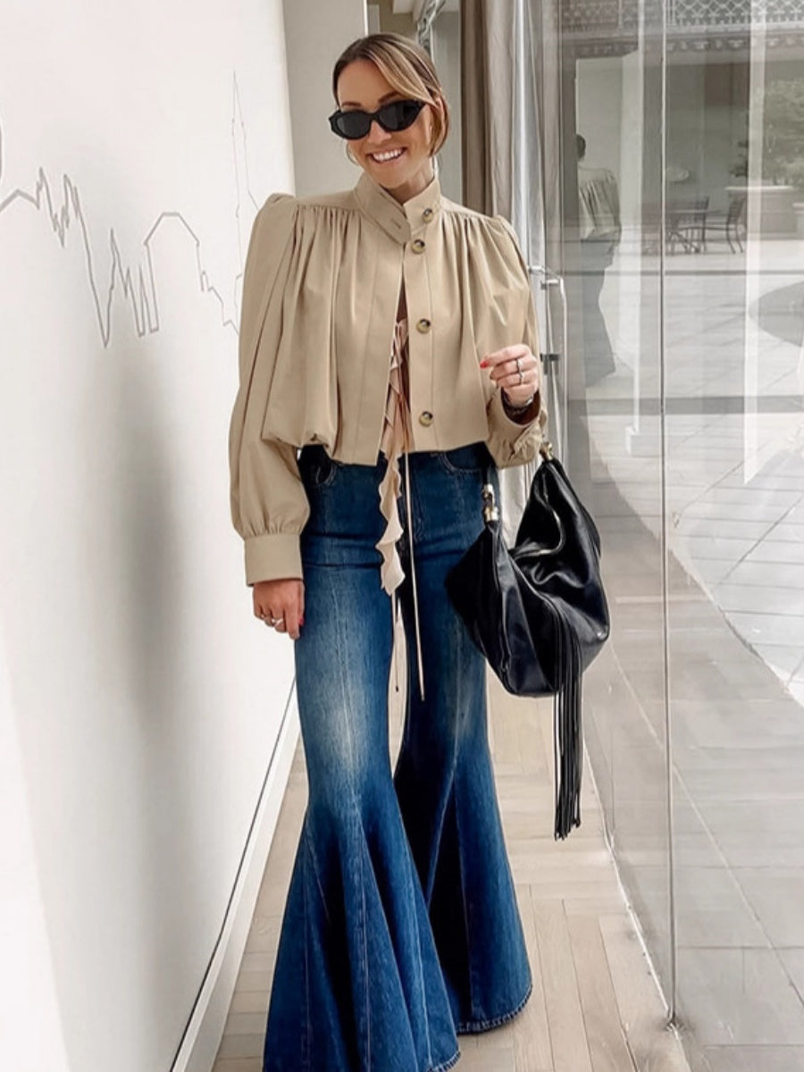 Short Pleated Lantern Sleeve Trench Coat