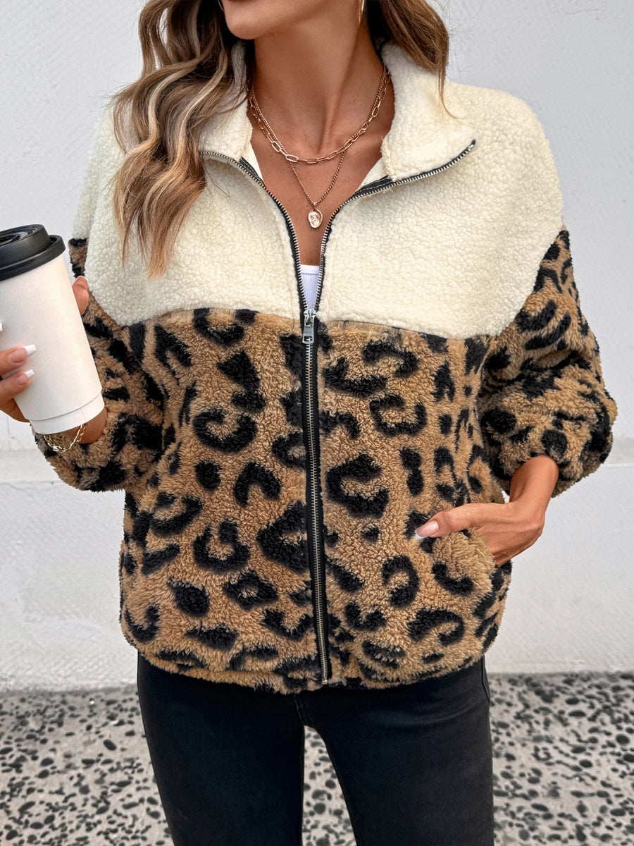 Splicing Zipper Leopard print apricot pocket jacket