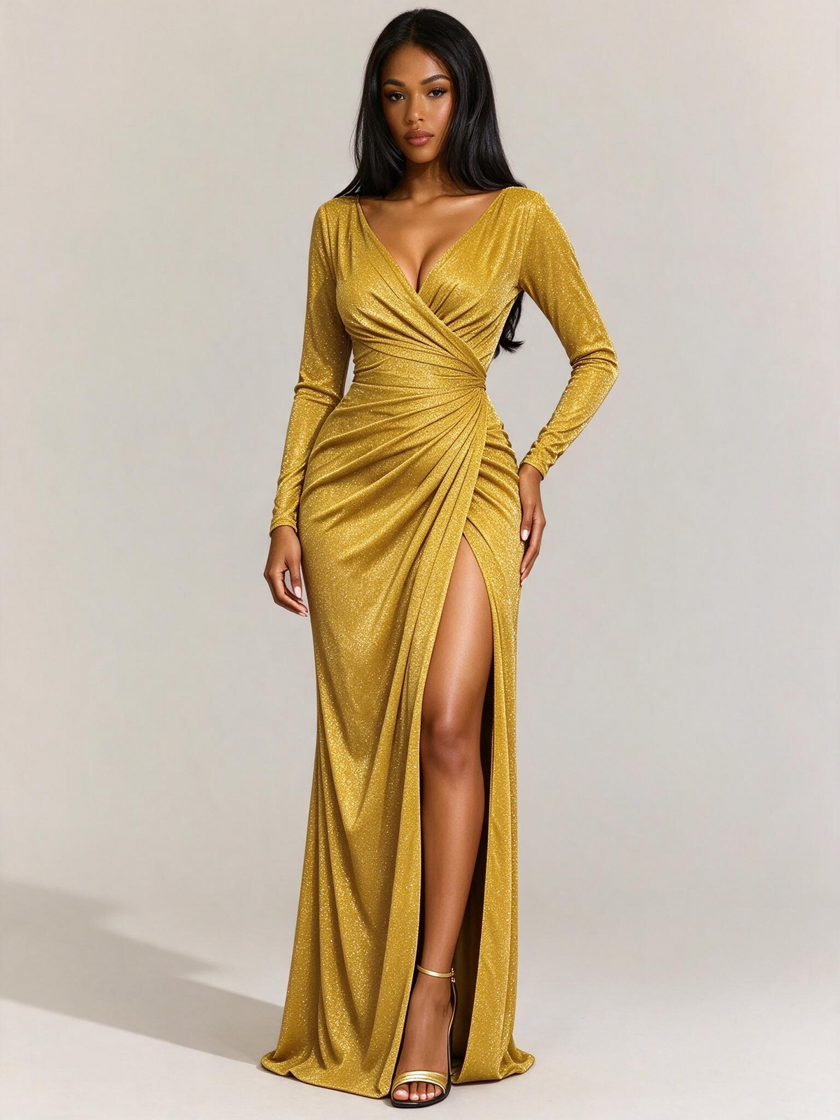 Slit Waist Fitted Zipper Solid Color Long Sleeve Dress