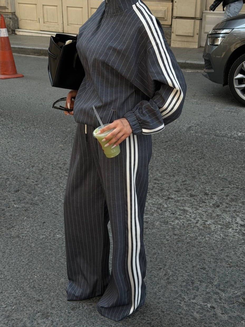 Women's Vertical Striped Three-Stripe Tracksuit Stand-up Collar Zip-up Jacket And High-waisted Wide-leg Trousers Two-piece Set