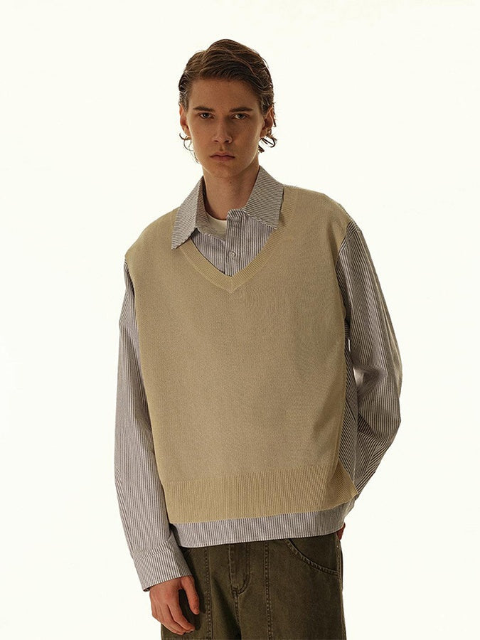 Splicing Fake Two Pieces Vertical Strip Long-sleeved Shirt With Pattern