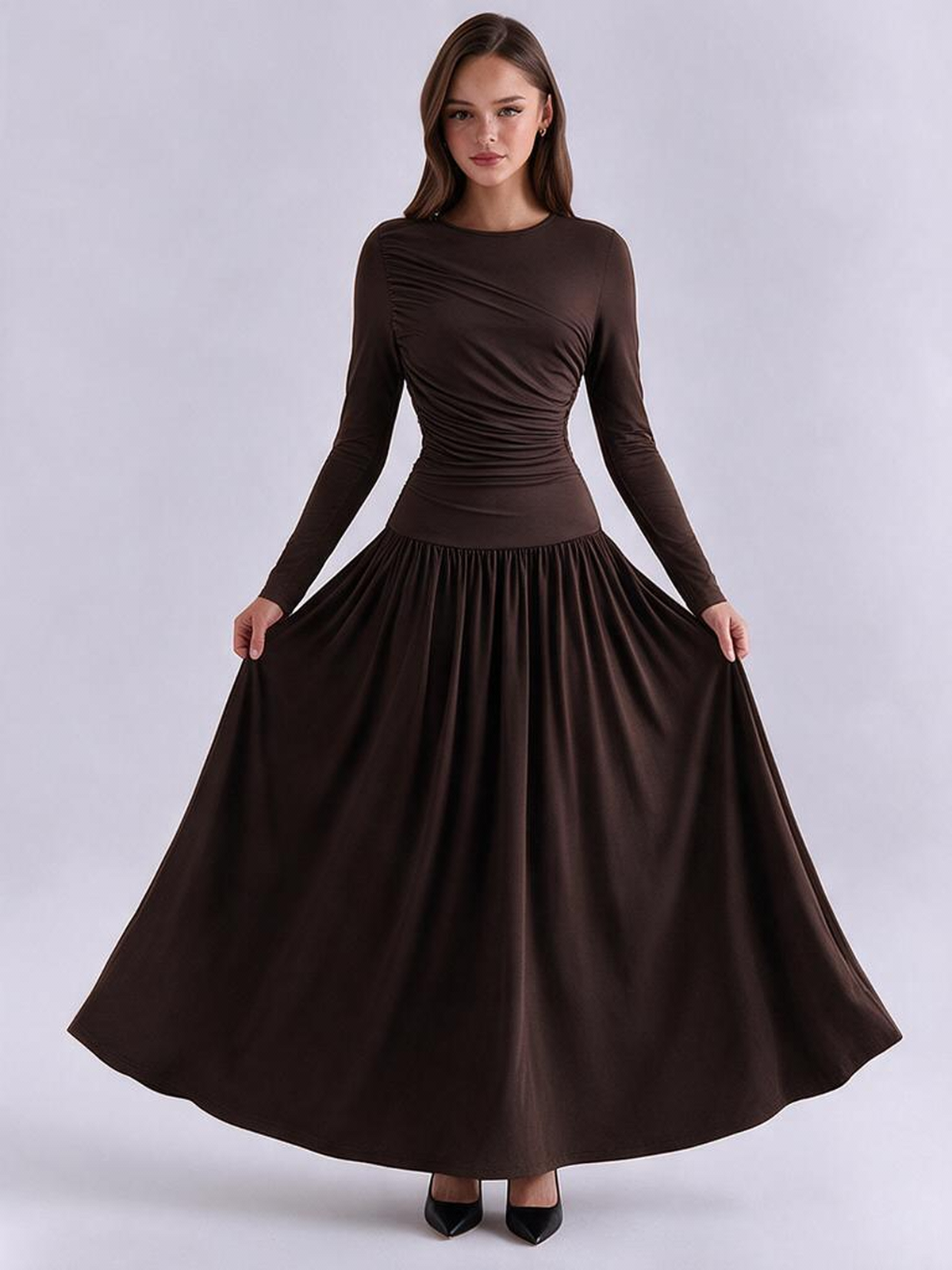 Pleated Design Long-sleeved Round Neck A-line Dress