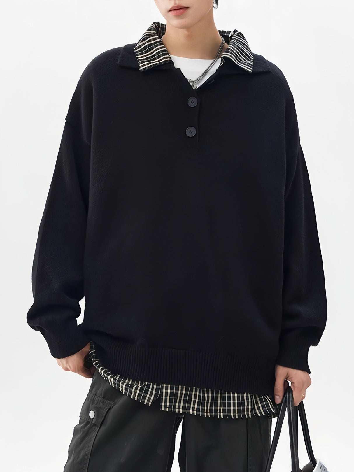 Retro Contrasting Colors Plaid Fake Two Pieces Splicing Sweater