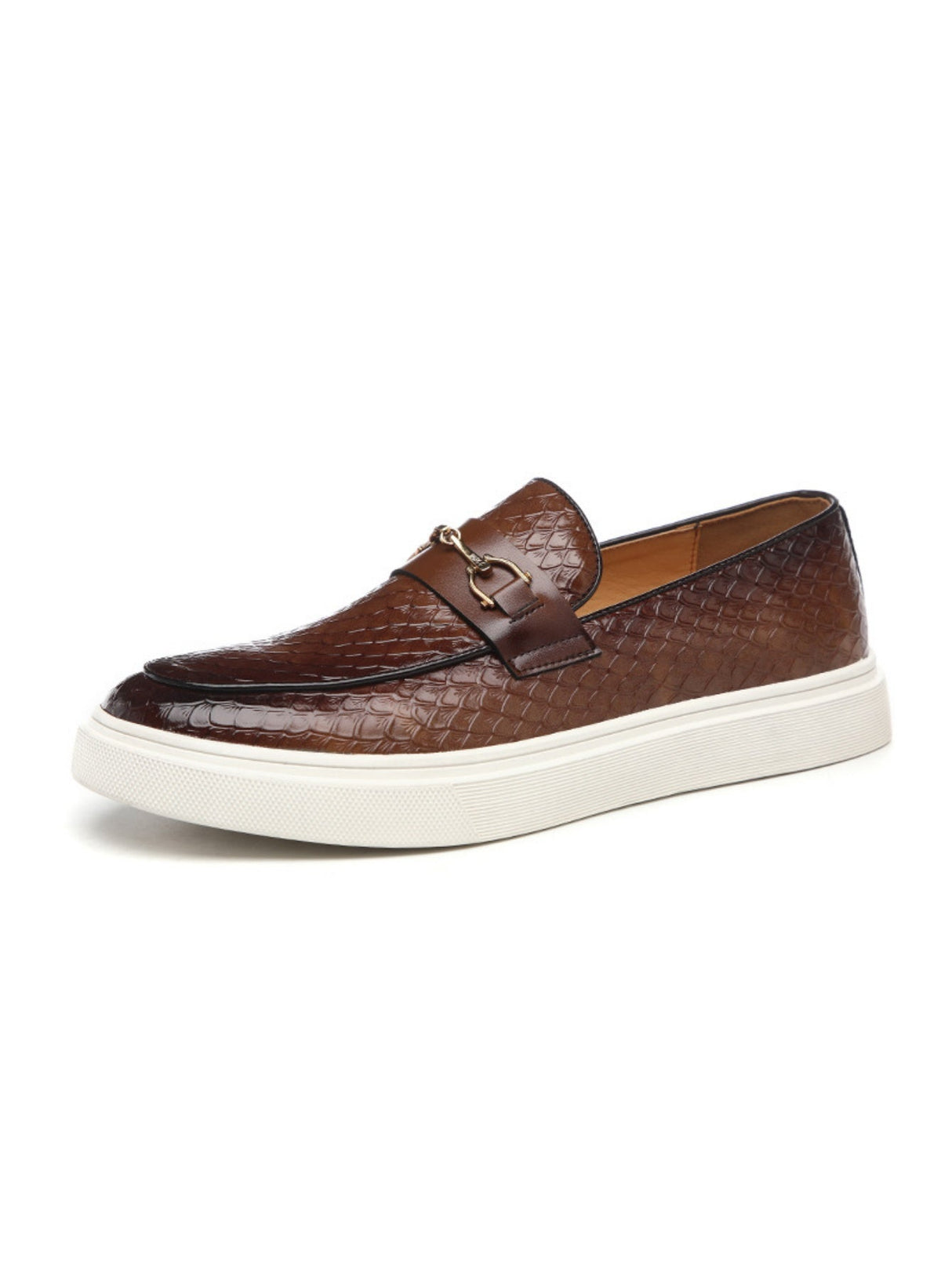 Snakeskin Embossed Horseshoe Buckle Slip-on Loafers