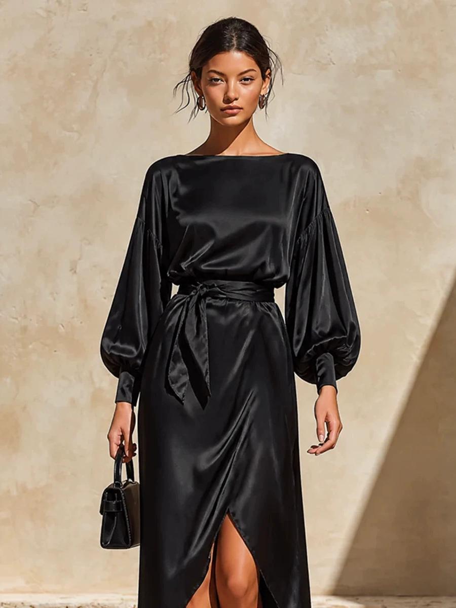 Boat Neck Lantern Sleeves Tie-waist Irregular High Slit Long Dress For Banquets