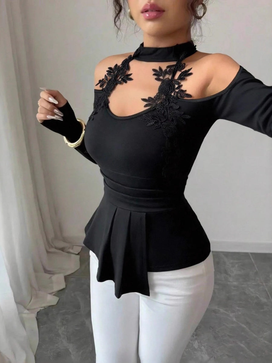 Black Halter Neck Style Off-shoulder Lace Decoration Ruffled Hem Waist Elegant Party Outfit T-shirt