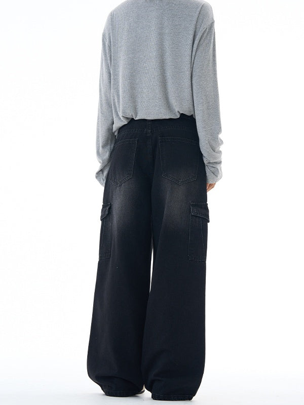 Washing Stereo Multiple Pockets Tooling All-match Wide-leg Pants Jeans