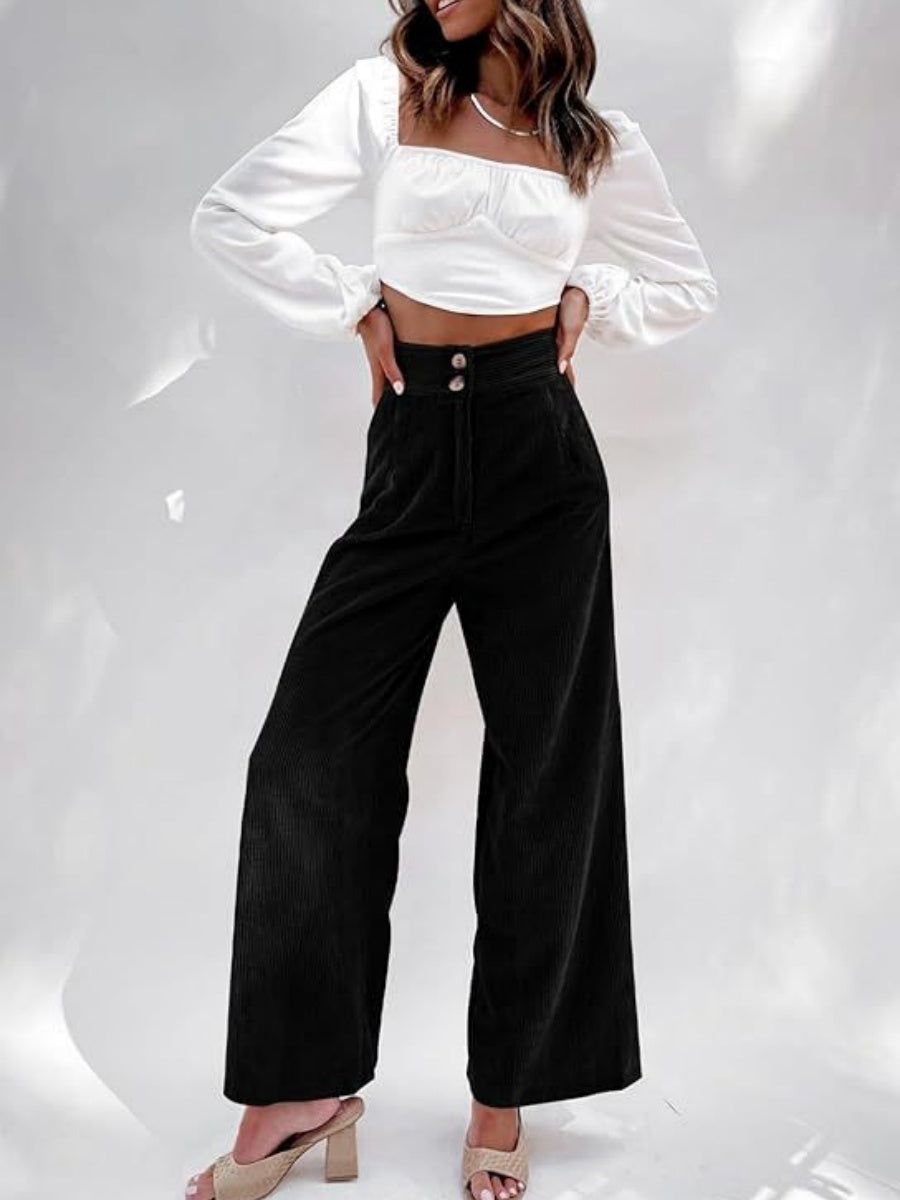 Basic Corduroy Double Buttons Stretch Leisure Straight-leg Trousers