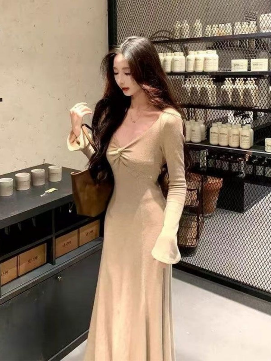 French-style Soft And Gentle Solid Color Dress, Slimming V-neck Knotted Elegant Temperament Waist-cinching Base Long Dress