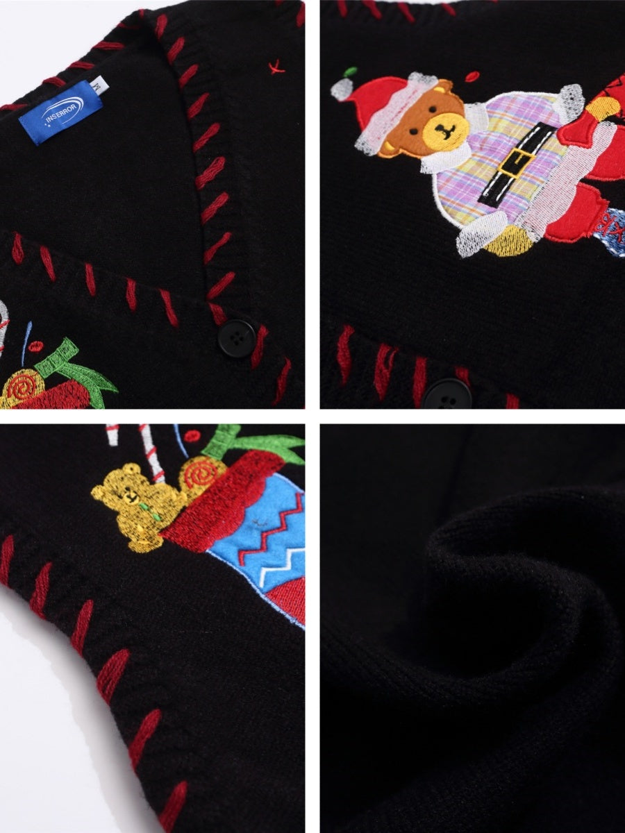 Christmas Little Bear Embroidery V-neck Layering Sweaters Vests