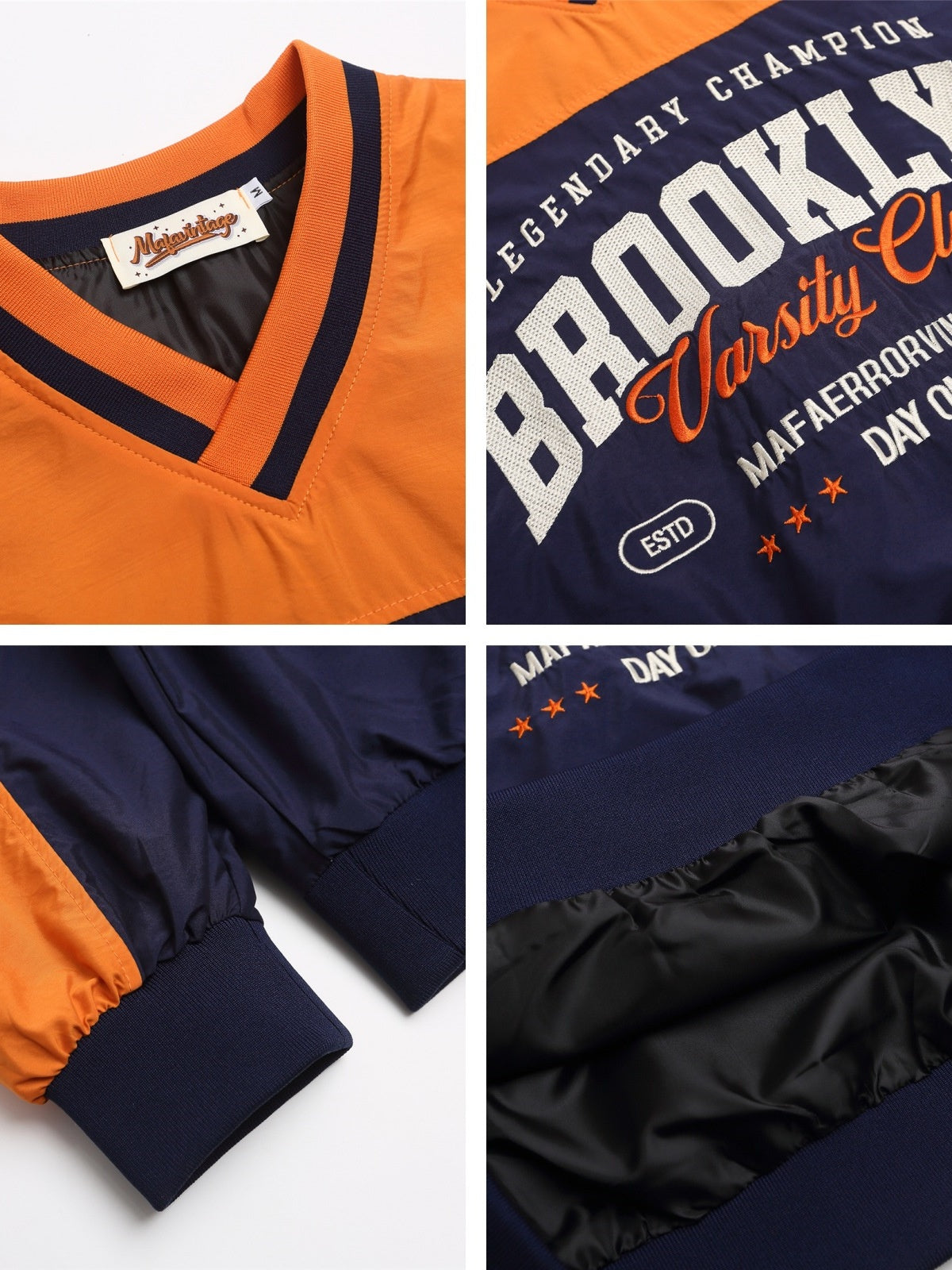 Color Contrast Splicing Letter Embroidery V-neck Loose Jersey Sweatshirt