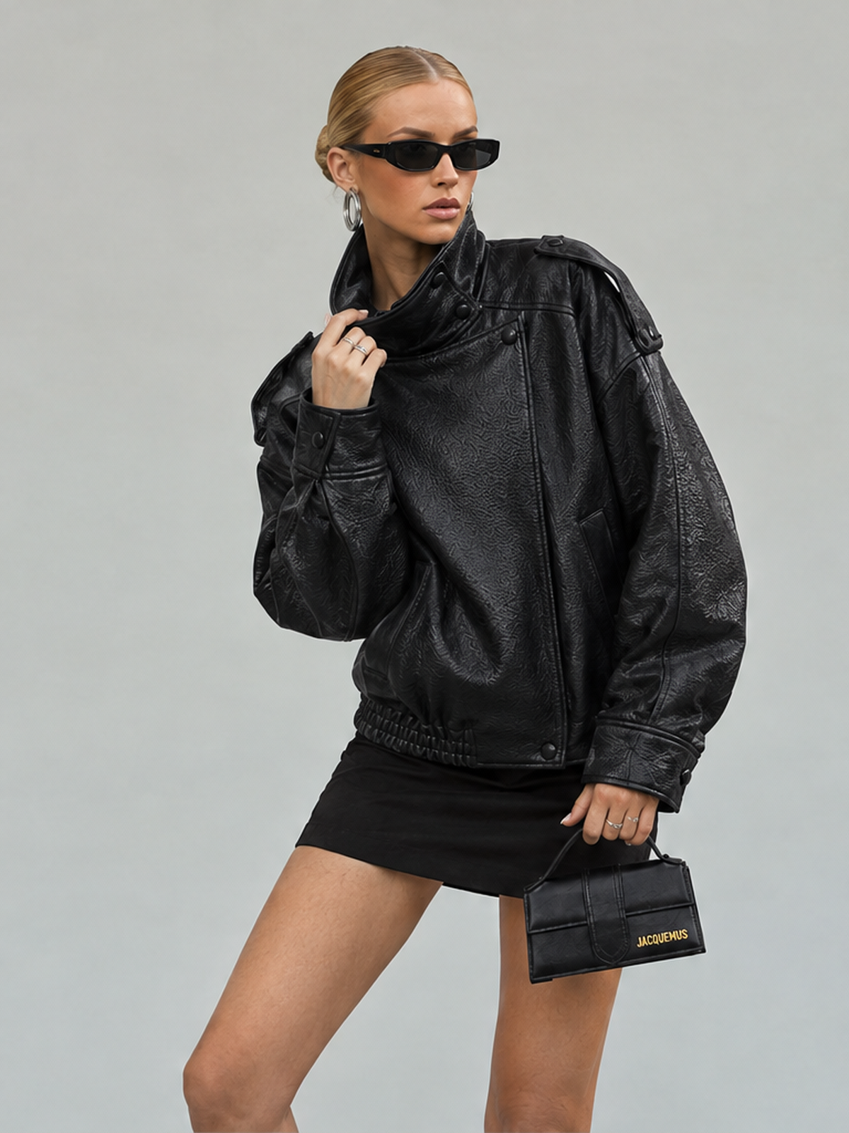Pocket Stand-up Collar Faux Leather Jacket