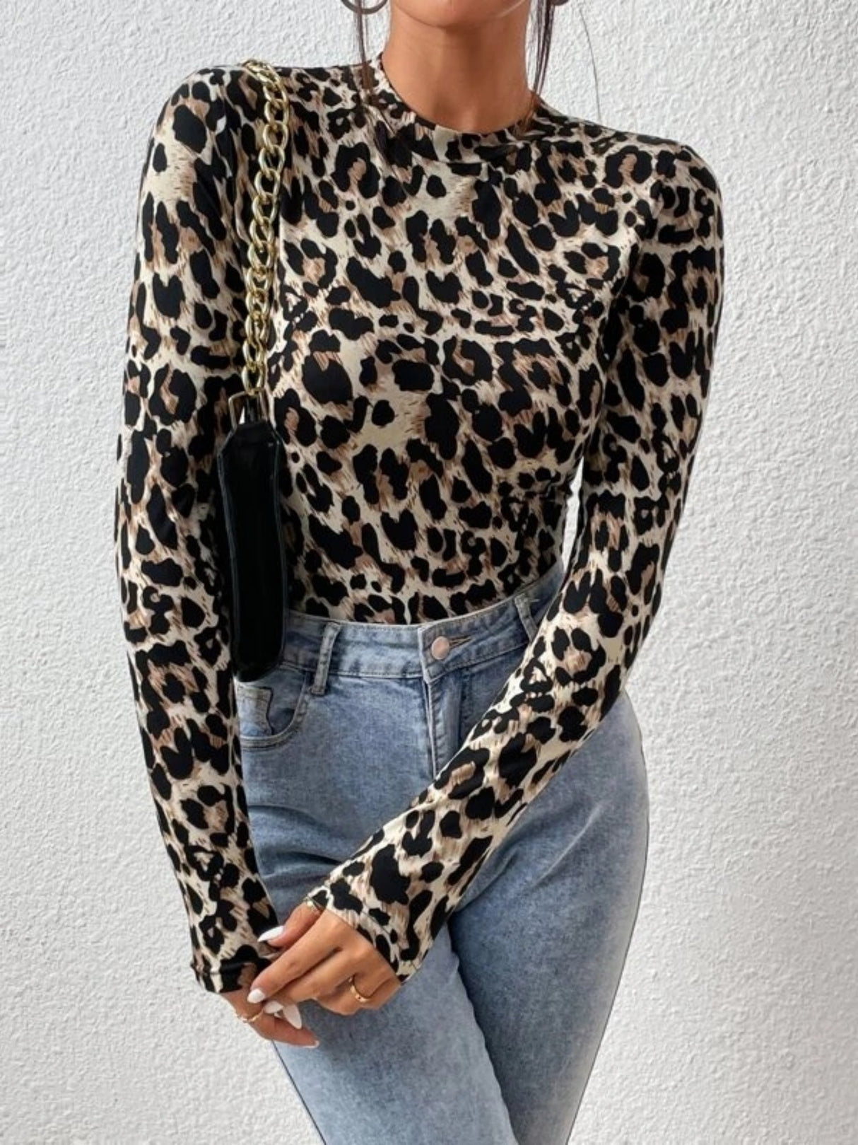 Leopard Print Stand Collar Long-sleeved Leopard Print Jumpsuit Top