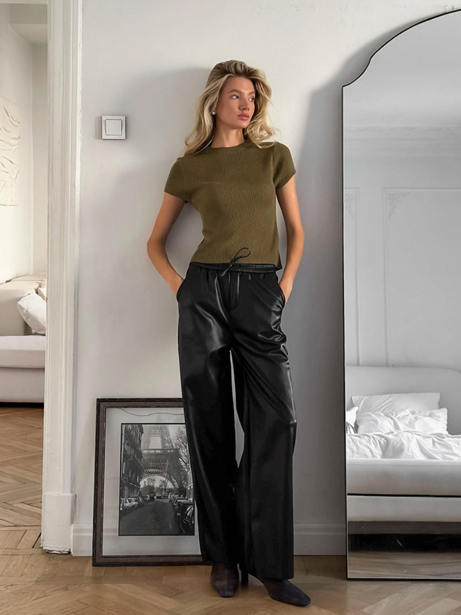 Wide Leg Straight-leg pants with lace-up Pu leather trousers
