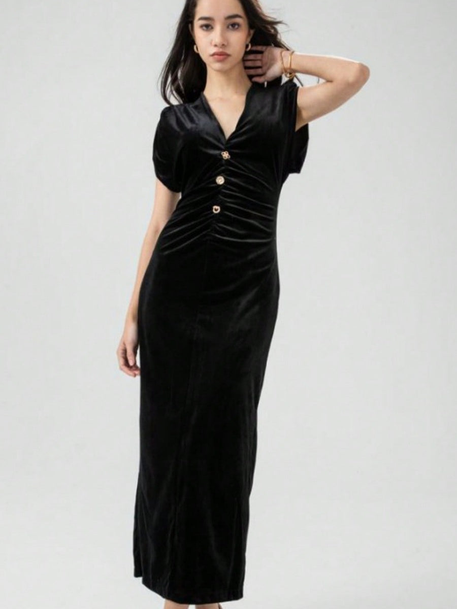 V-neck Suede Pleated Long Dress