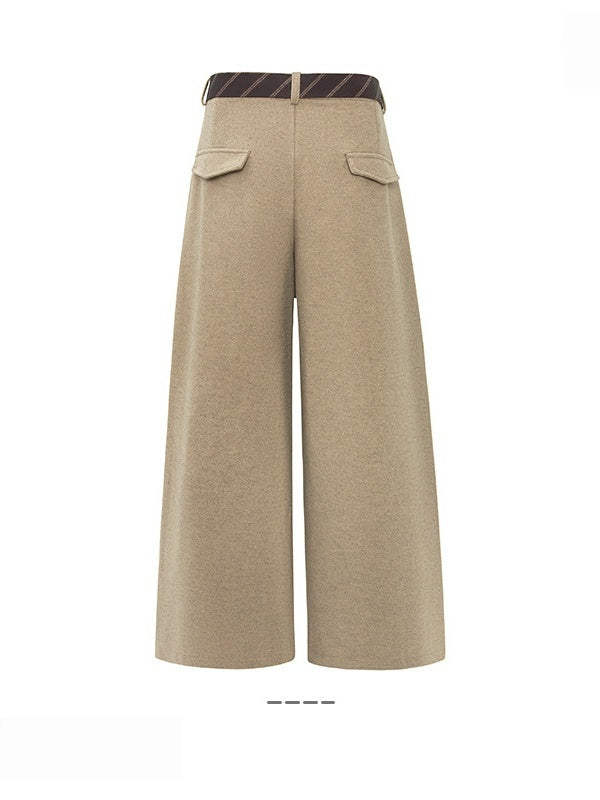 Contrasting Colors Tie Woolen Cloth Loose Pleated Baggy Pants