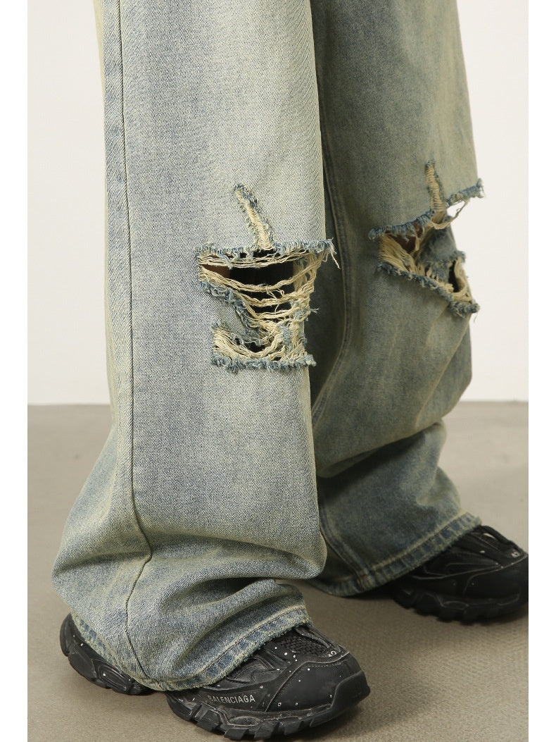 Hole Washed Distressed Loose-fit Wide-leg Jeans