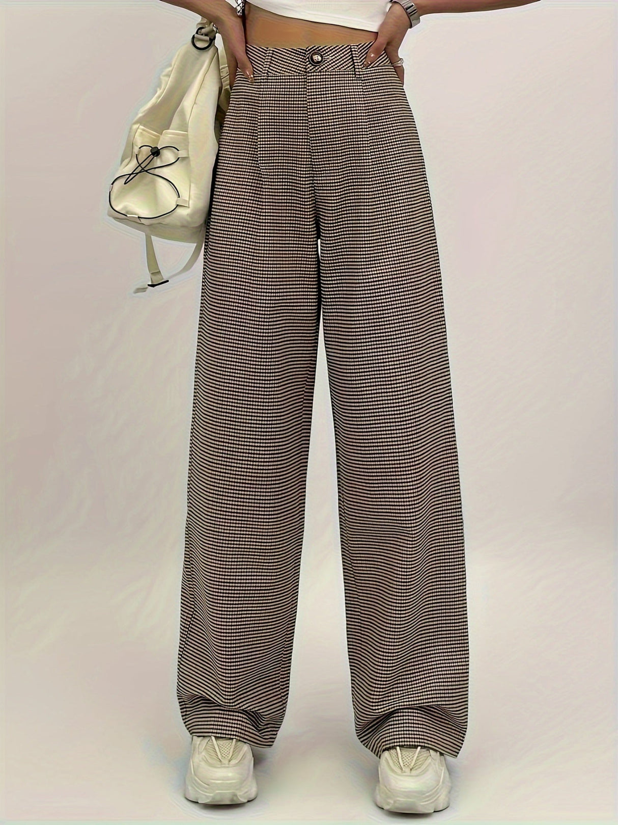 Plaid Print Button Pleated High Waist Loose Straight Casual Plaid Pants