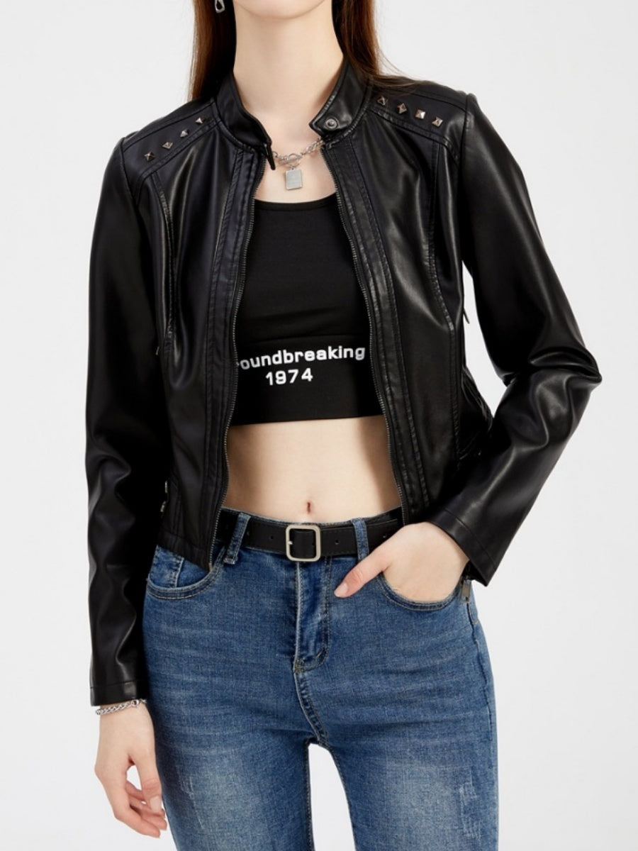 Studs Long Sleeve Stand Collar PU Leather Jackets