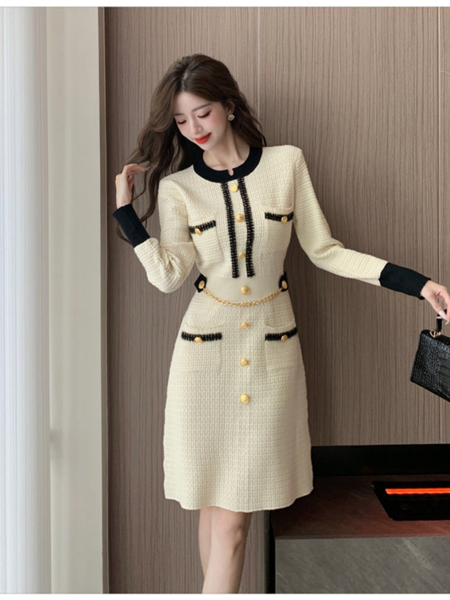 Elegant And Sophisticated Long-sleeved Round Neck Button-down Chanel-style Knit Midi Dress