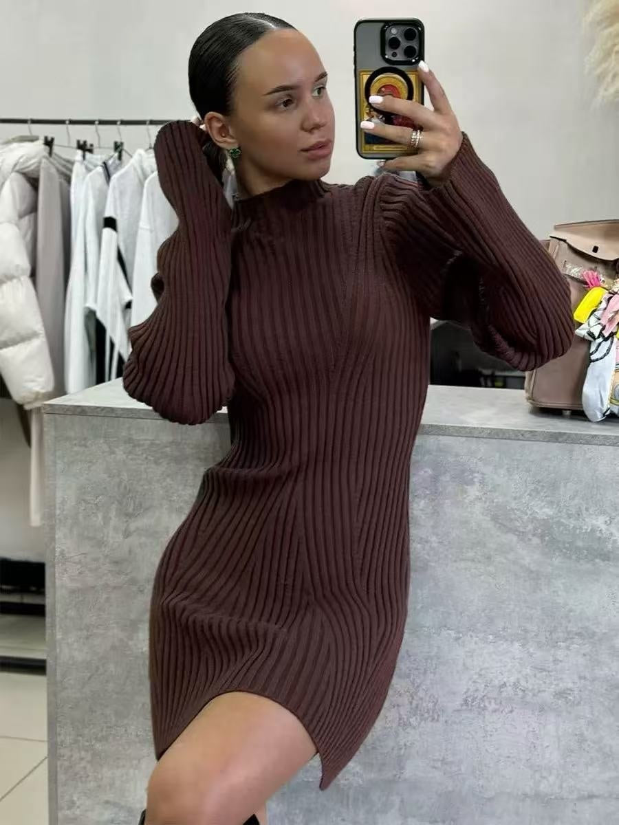 High-neck Solid Color Knitted Short Dress