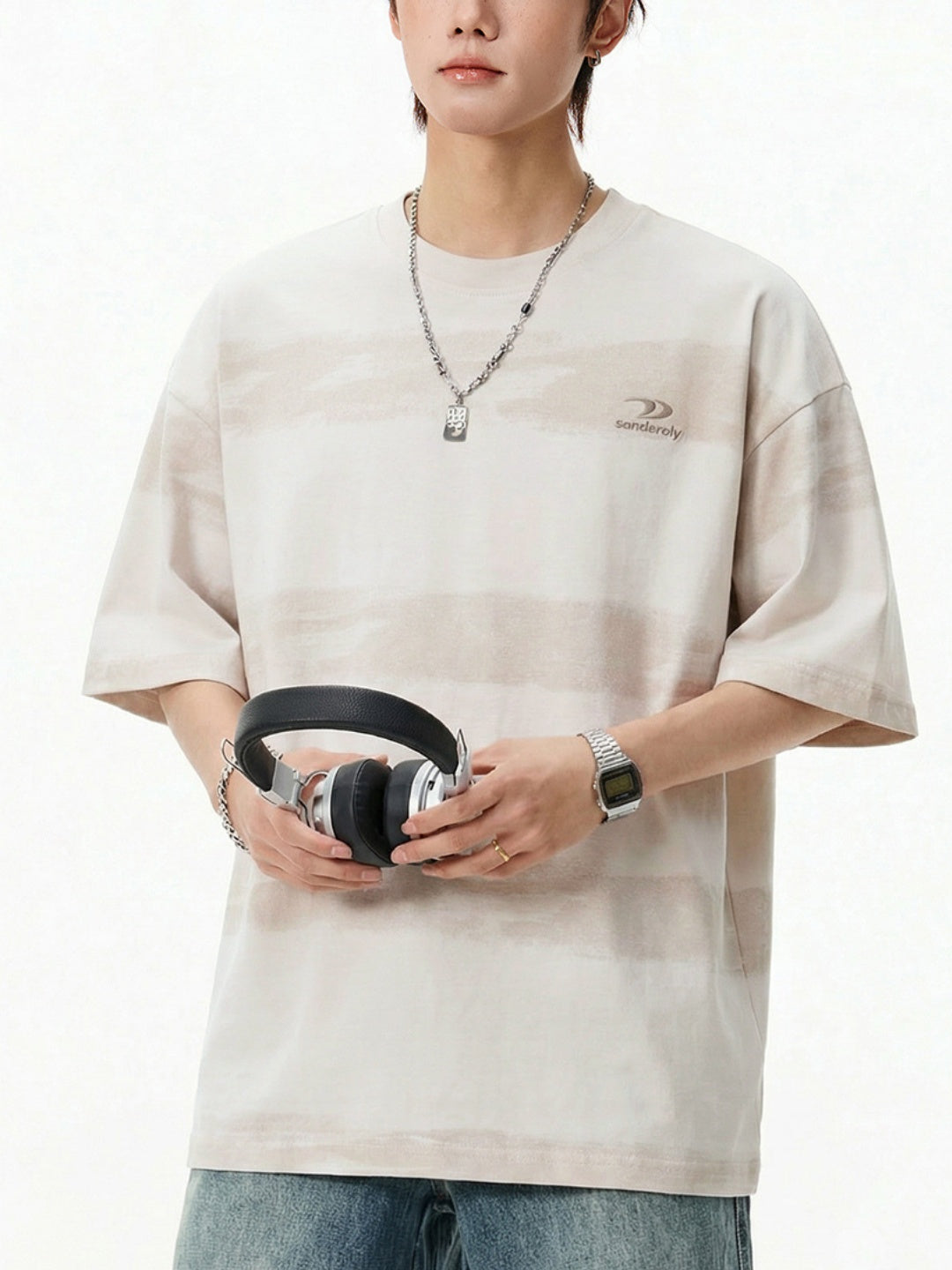 Imitation Tie-dye Stripes Pure Embroidery T-shirts