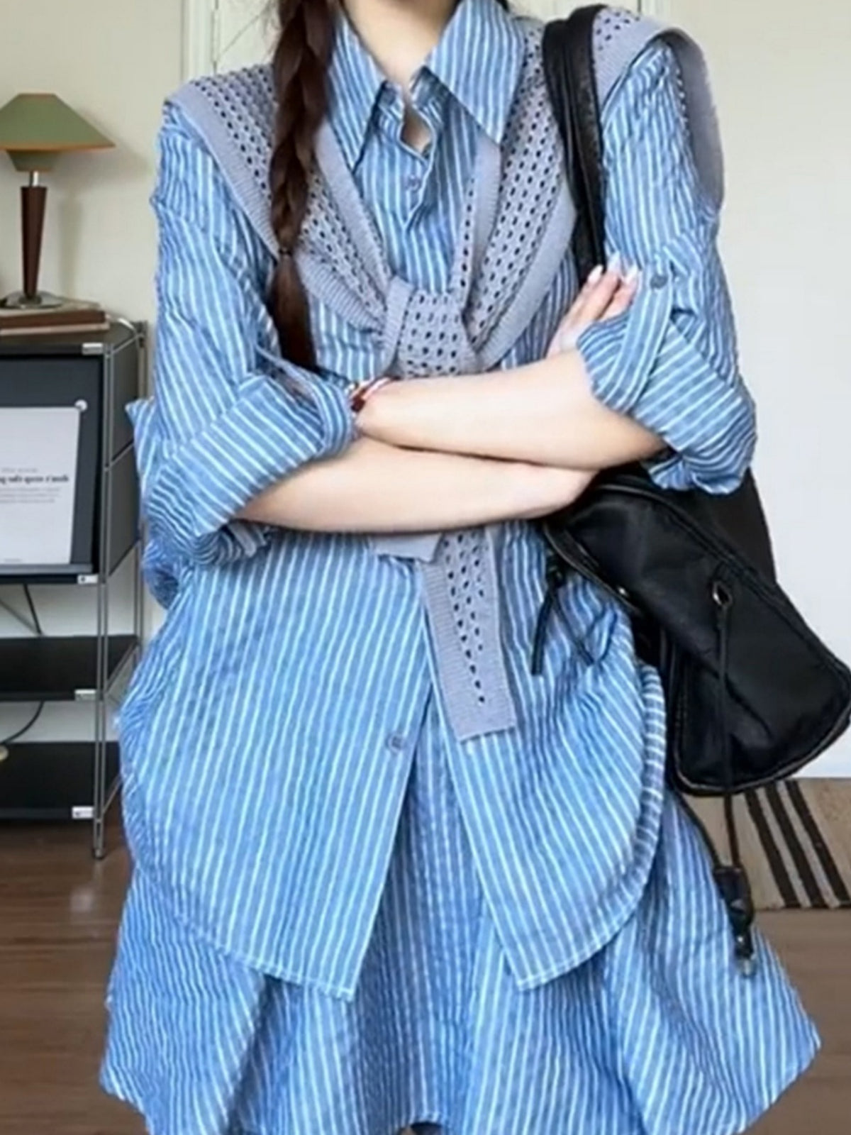 Korean Style Simple And Gentle Navy Striped Two-piece Set