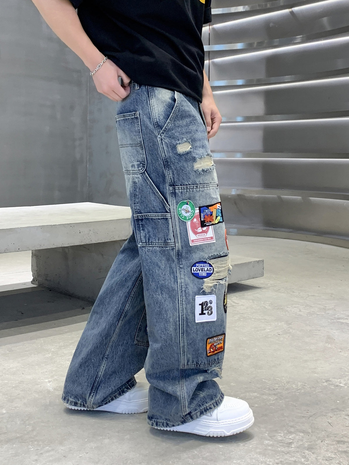 Badge Embroidery Denim Loose-fit Patchwork Fake Hole Wide-leg Jeans