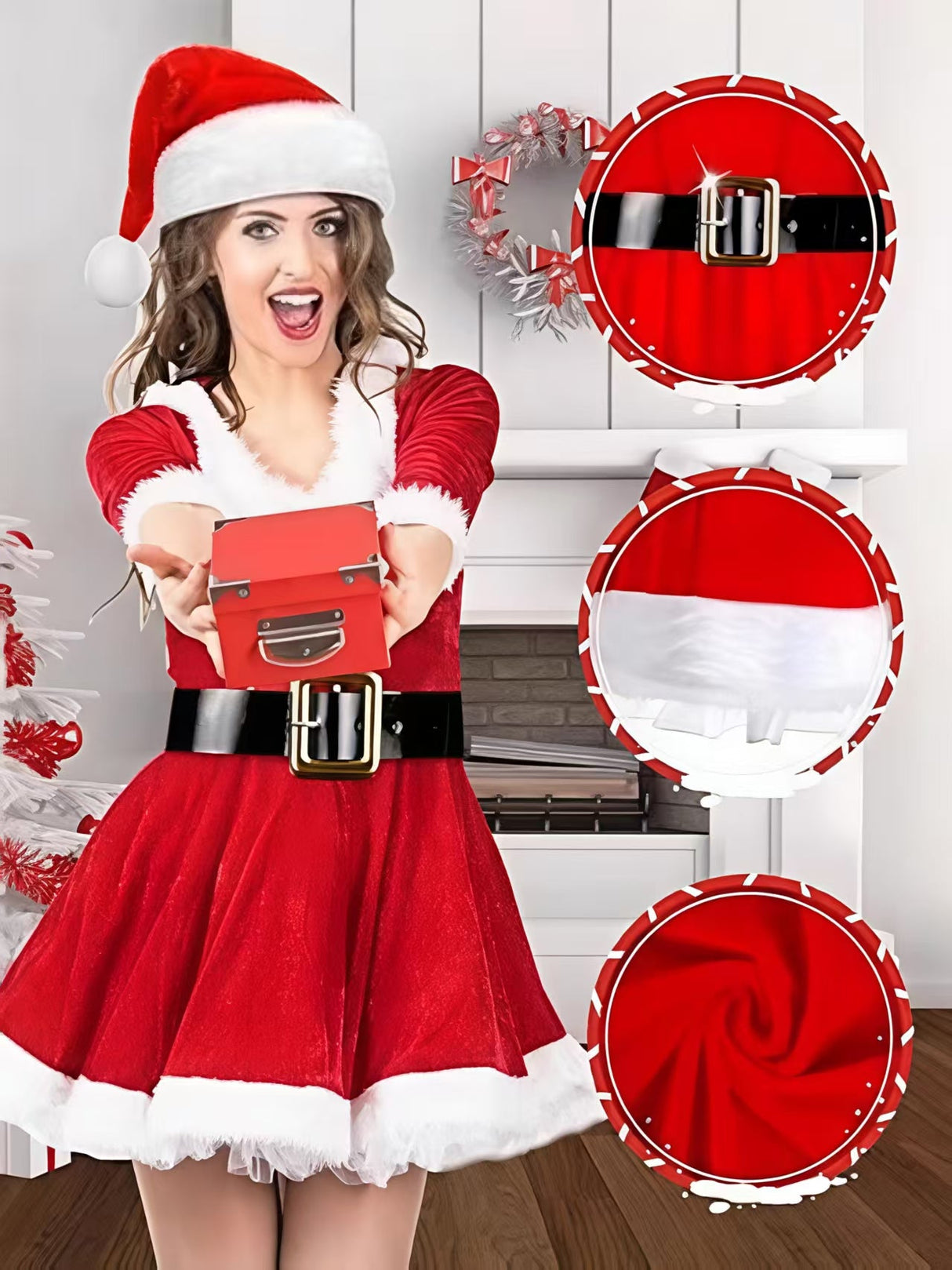 Christmas Velvet Dress Belt Striped Over-the-knee Socks Gloves Hats Santa Claus Party Costumes Multi-piece Sets