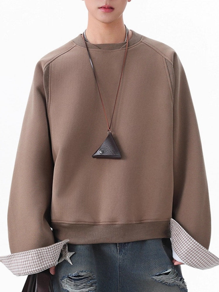 Plaid-Panel Clean-Fit Boxy Crew-Neck Sweatshirt