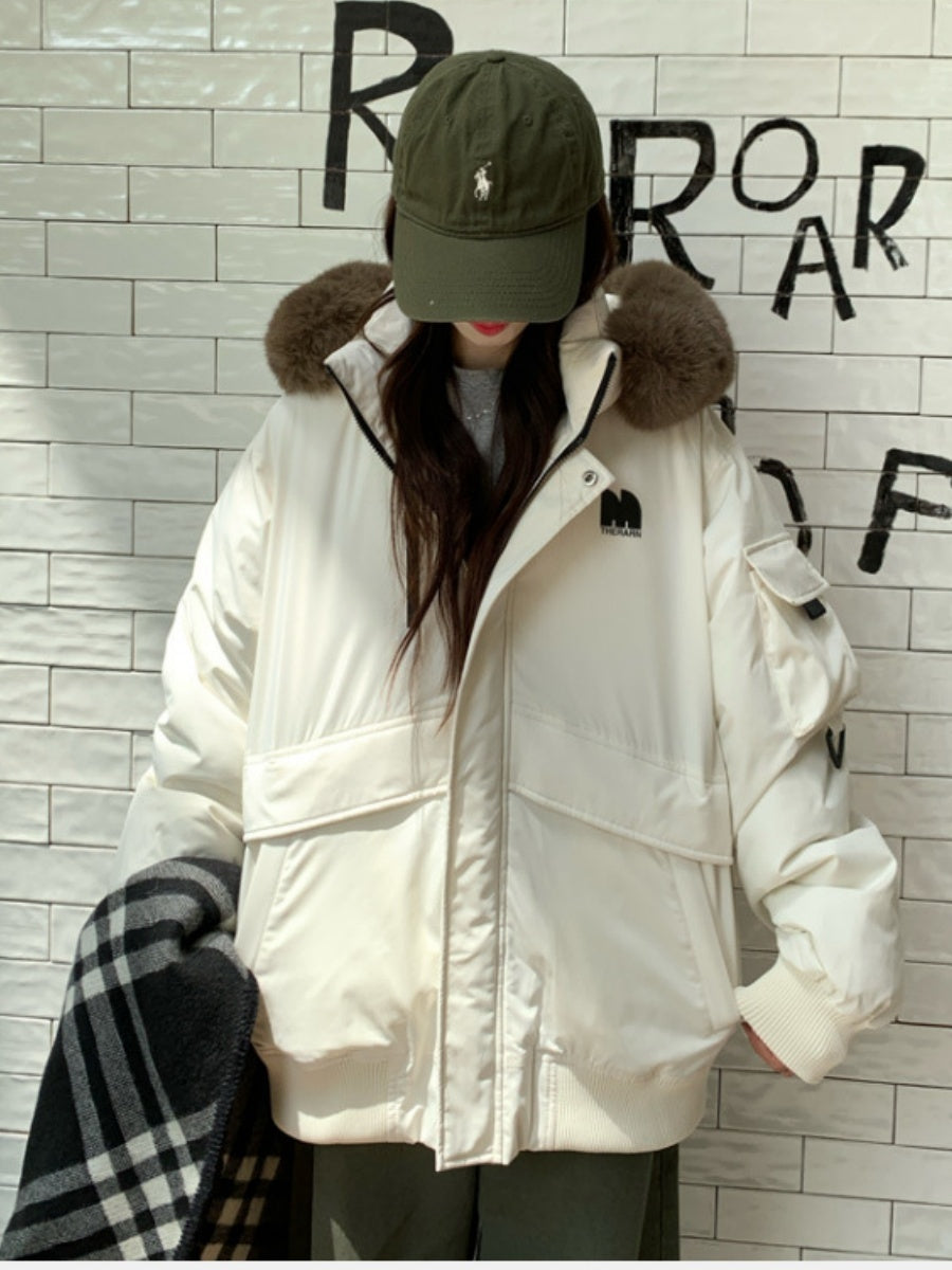 Parka Work Clothes Pocket With Fur Collar Loose Thickened Winter Outdoor Cotton-padded Clothing