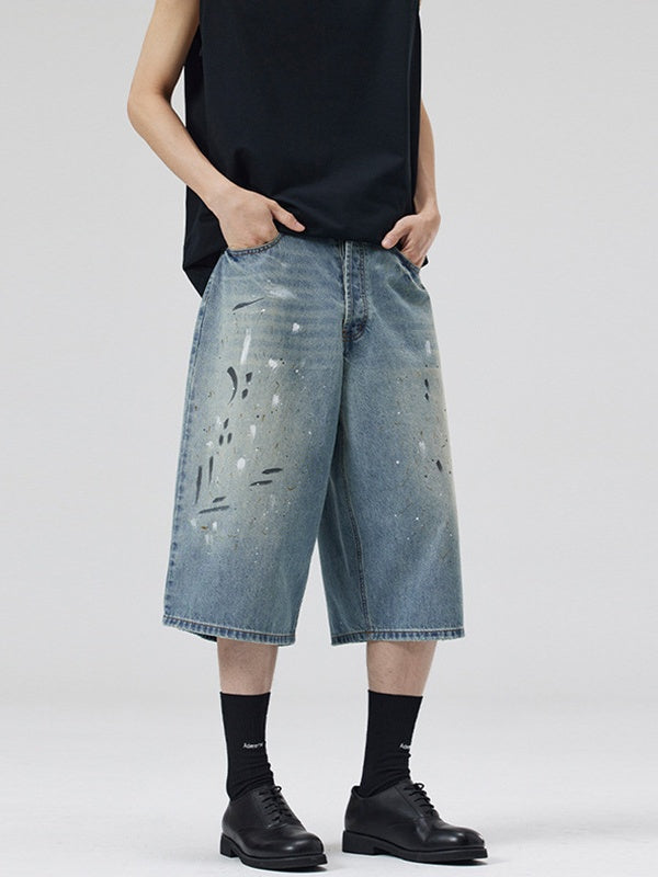 Retro Graffiti Splashing Ink 7 Points Denim Shorts