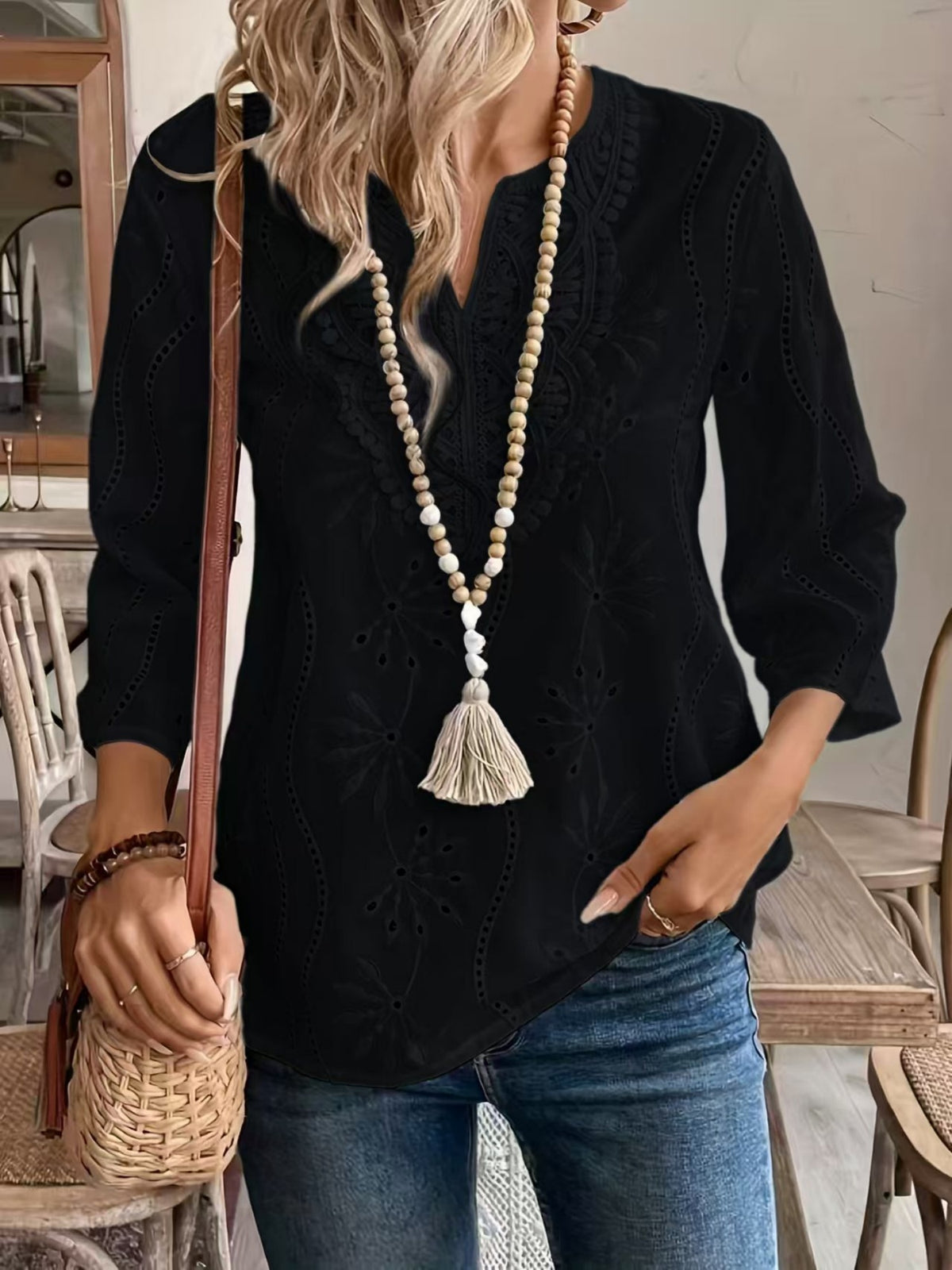 Lace Cutout Chiffon Embroidery V-neck Flare Sleeve Long-sleeved T-shirt