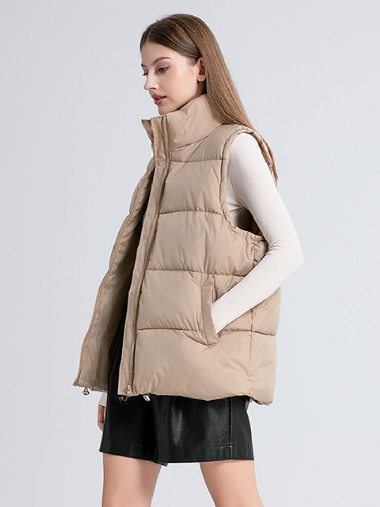 Stand Collar Sleeveless Zipper Pocket Warm Loose Mid-length Down Cotton Vest Jacket