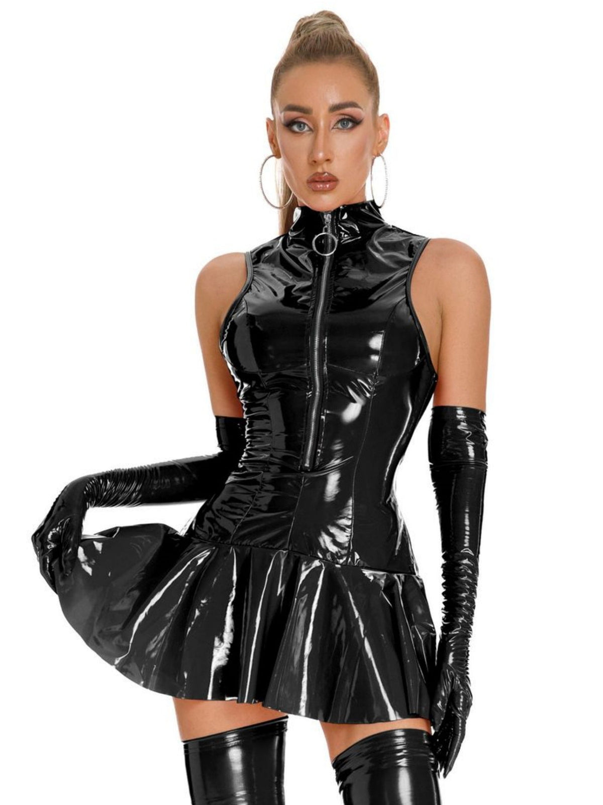 Robes mini et courtes sans manches en cuir PU brillant avec fermeture éclair, sans gants