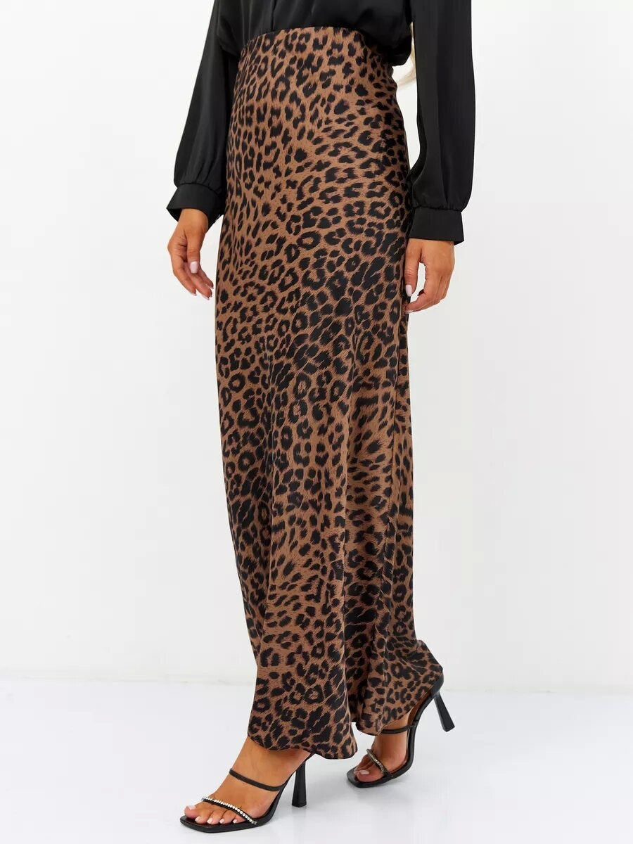 Satin Leopard Print High Waist Elasticity Silky Smooth Skirts