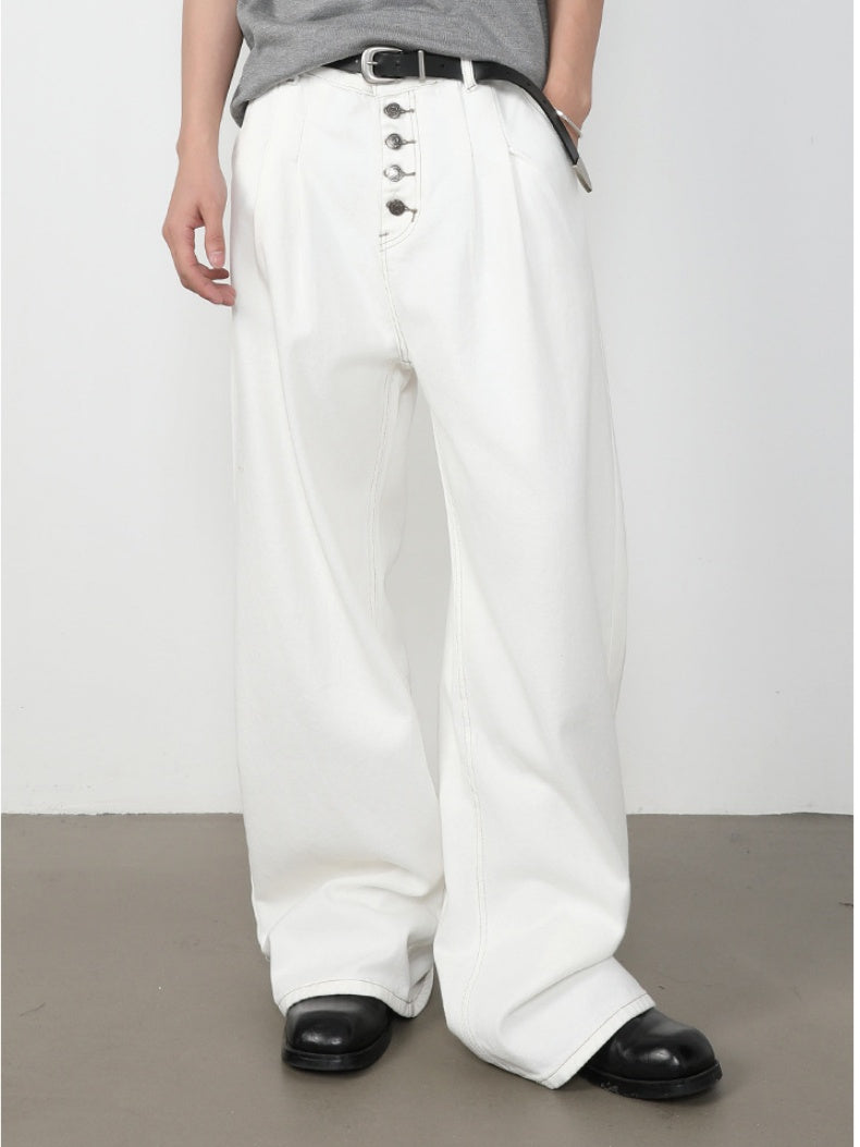 Retro Straight-fit Double Pleat Button Loose-fit Denim Pants