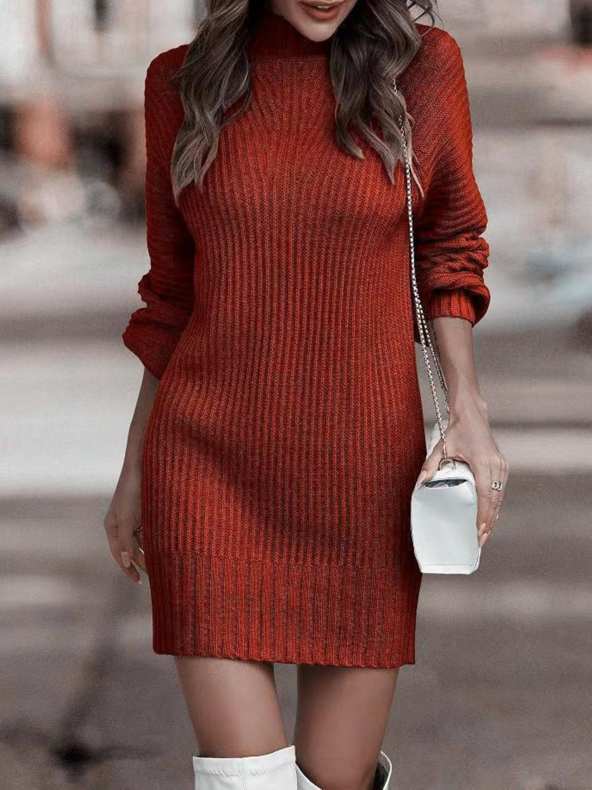 High-necked Long-sleeved Waist-cinching And Hip-hugging Knitted Sweaters Midi Dresses