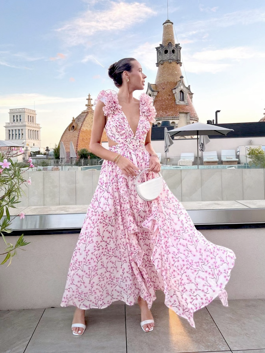 Floral Deep-V Maxi Dress – Shoulder Flower Accent