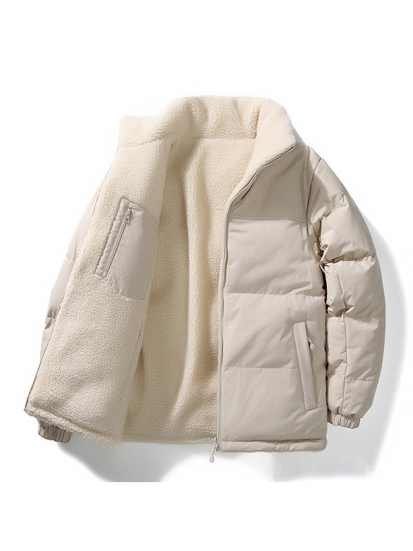 Stand Collar Color-blocked Reversible Lamb Wool Jackets